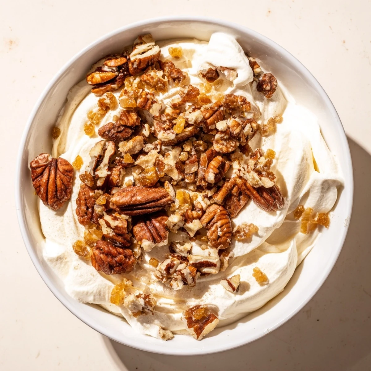 Cremiger Gingerbread-Joghurt, gewürzt mit Zimt und Ingwer, garniert mit Nüssen für ein köstliches Frühstück.