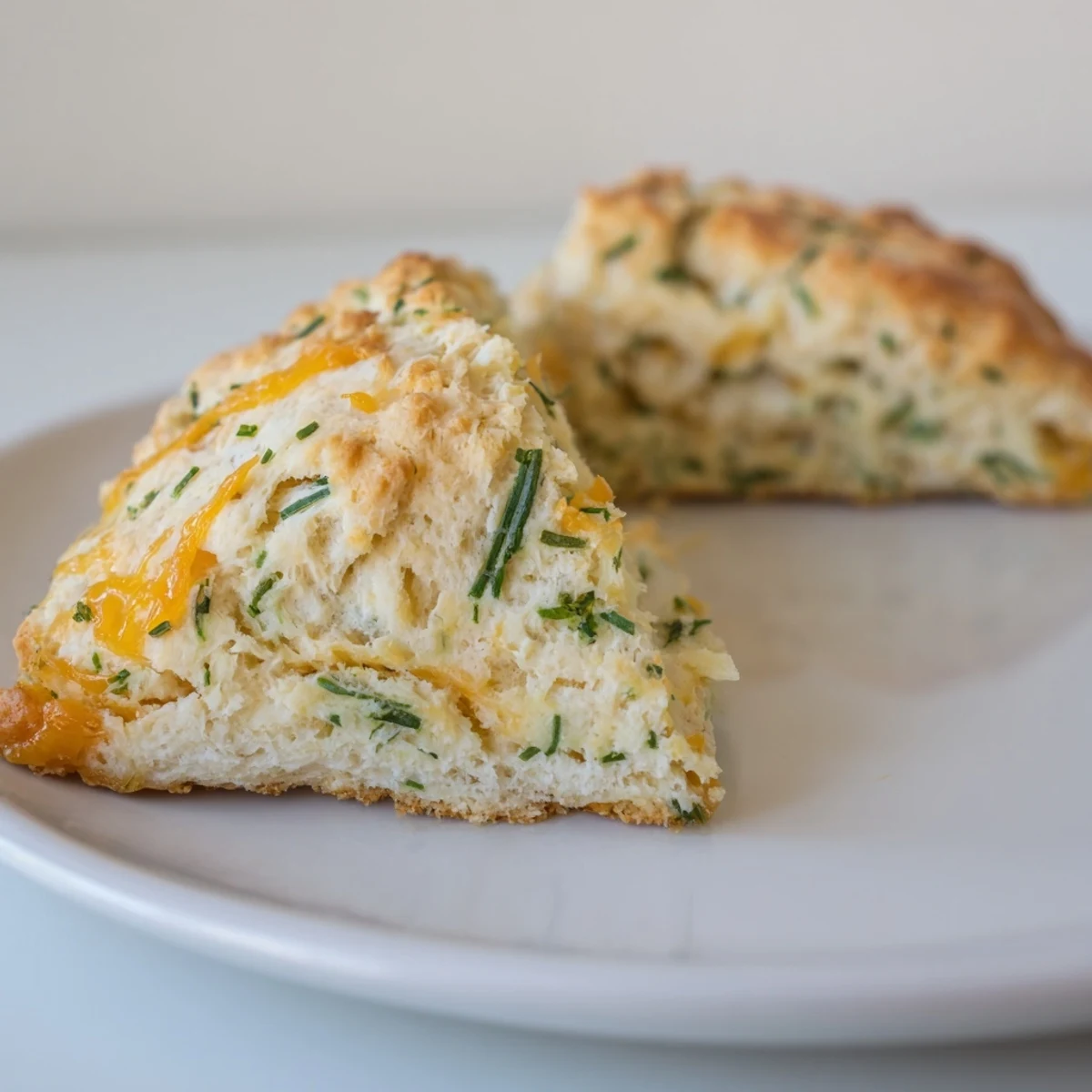 A close-up of freshly baked savory herb and cheese scones, studded with cheese and herbs.