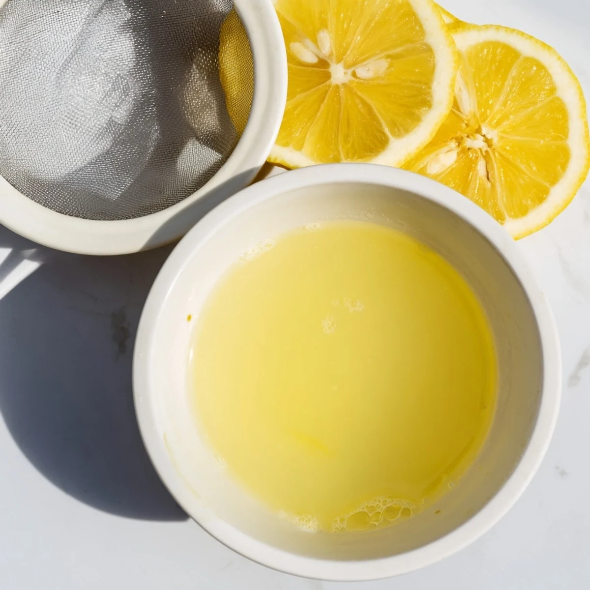 Frischer, saftiger Zitronensaft in einem Glas, perfekt für Getränke und Dressings.