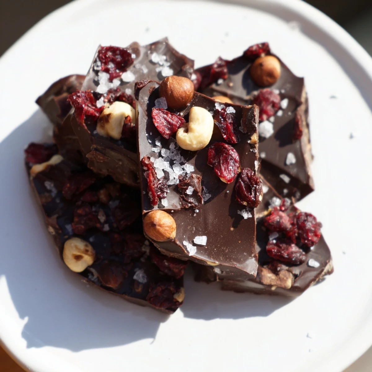 Glistening, dark Chunk Chocolate with visible chunks of nuts and dried fruit, perfect for gifting.