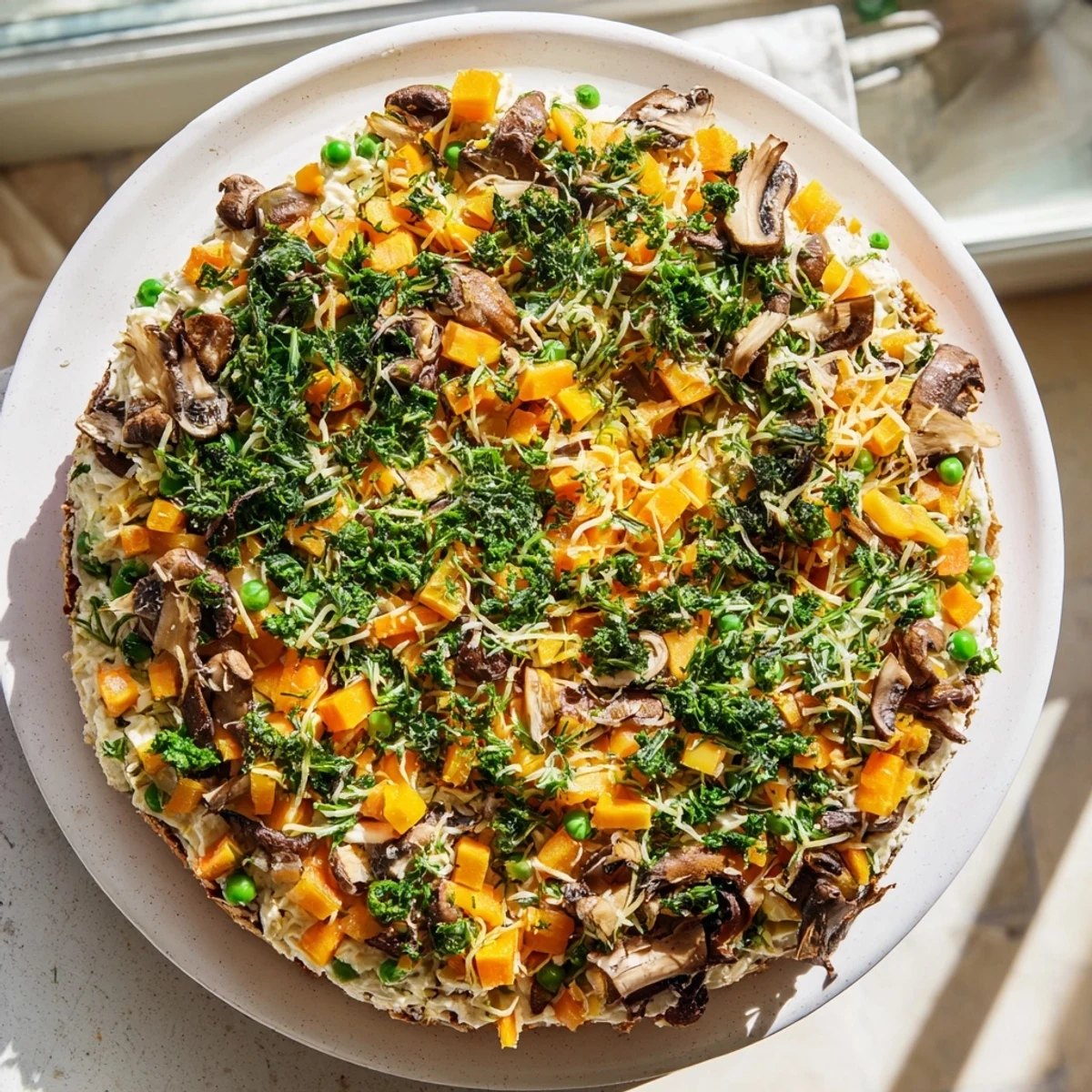 Close-up of a flavorful savory pie filling, showing tender vegetables and herbs.