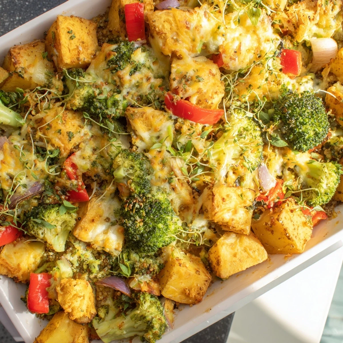 Goodness Baked casserole with a golden, cheesy crust, served hot and bubbly, ready to eat.