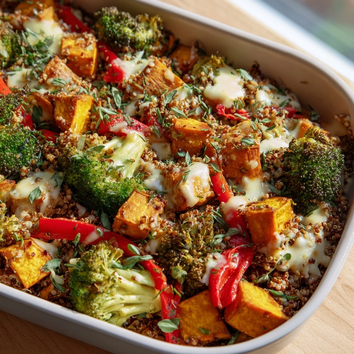 A delicious Goodness Baked casserole with colorful vegetables and a bubbling cheese topping, perfect for dinner.