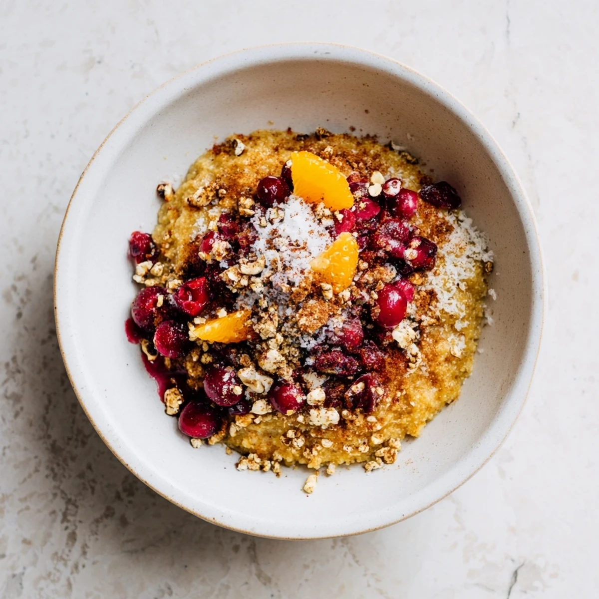 Golden brown cranberry crumble topping bubbling in a baking dish, ready to be enjoyed.
