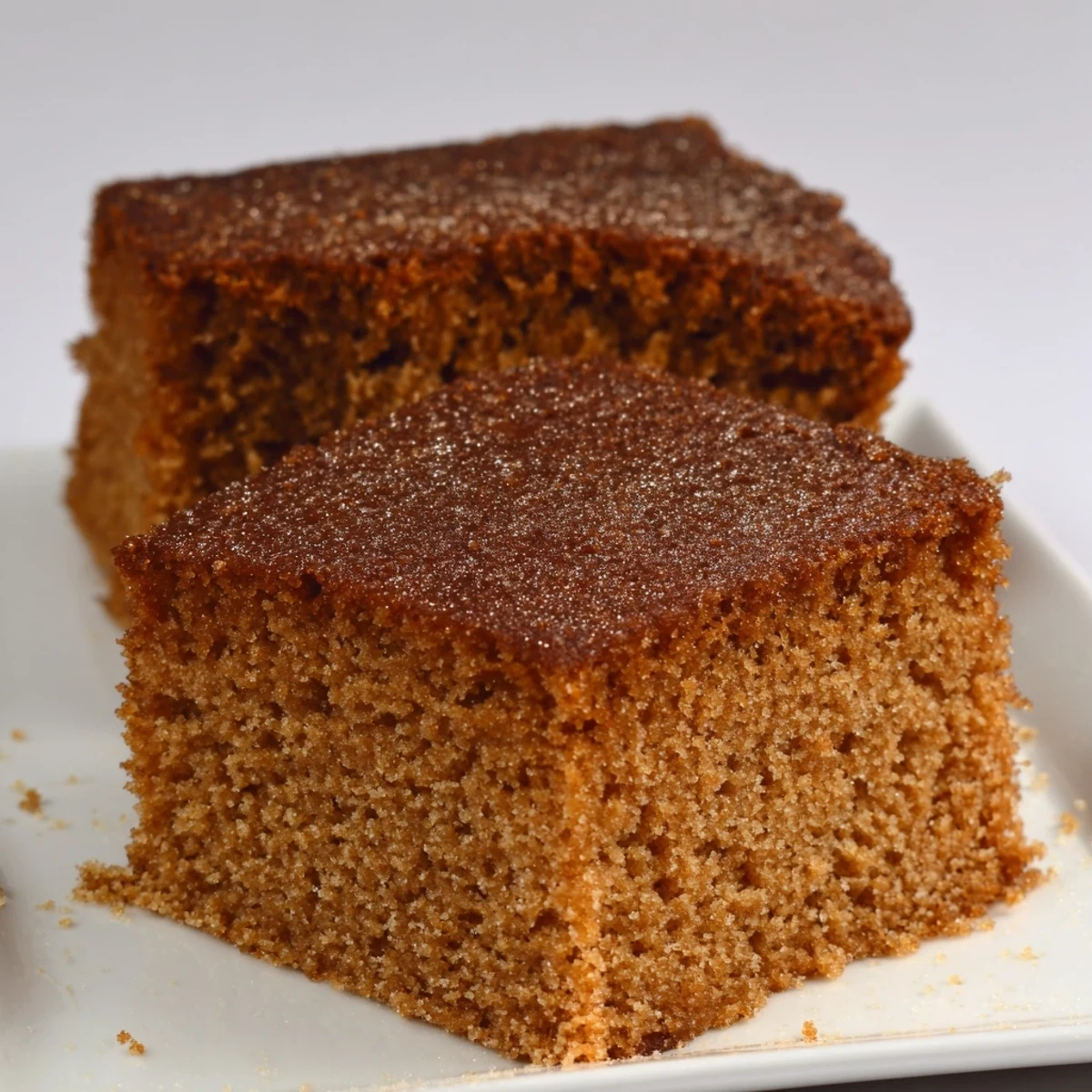 Close-up of fluffy gingerbread, showing its rich, dark color and aromatic warmth.
