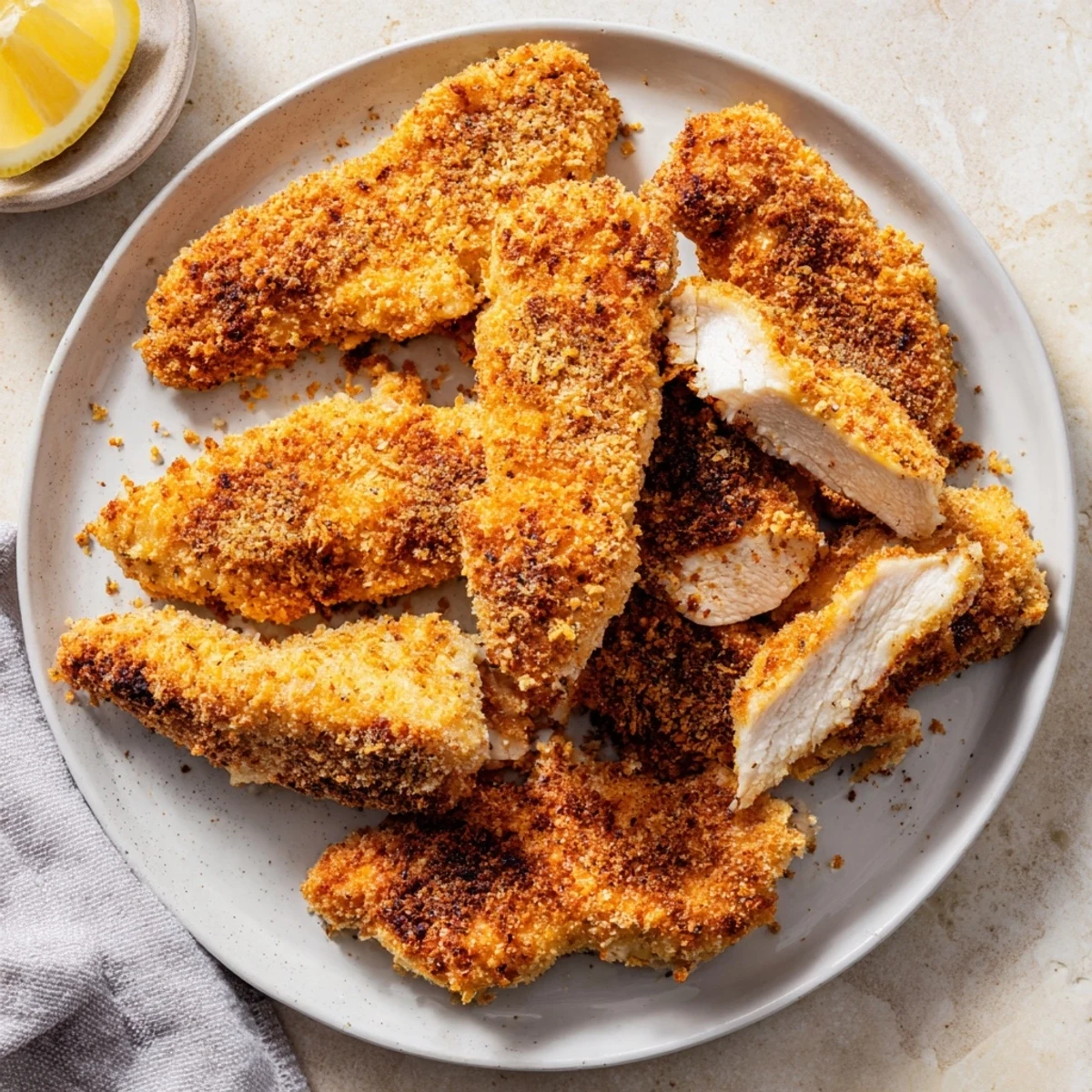 Close-up of freshly baked, crunchy crispy chicken tenders, perfect for dipping and a flavorful meal.