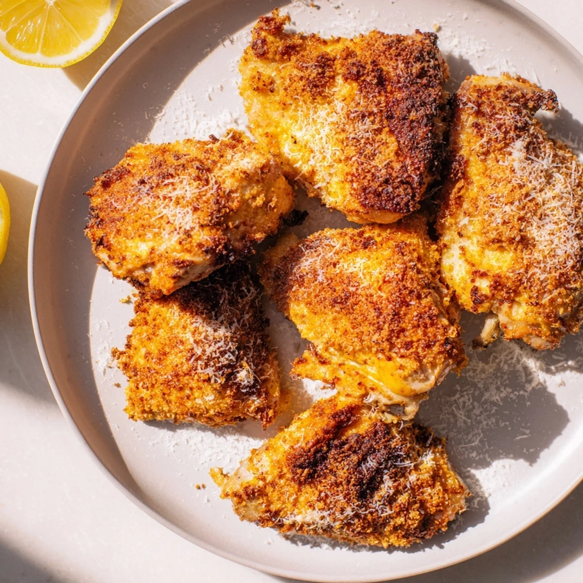 Golden, oven-baked crispy chicken tenders ready to serve with lemon wedges and your favorite dipping sauce.