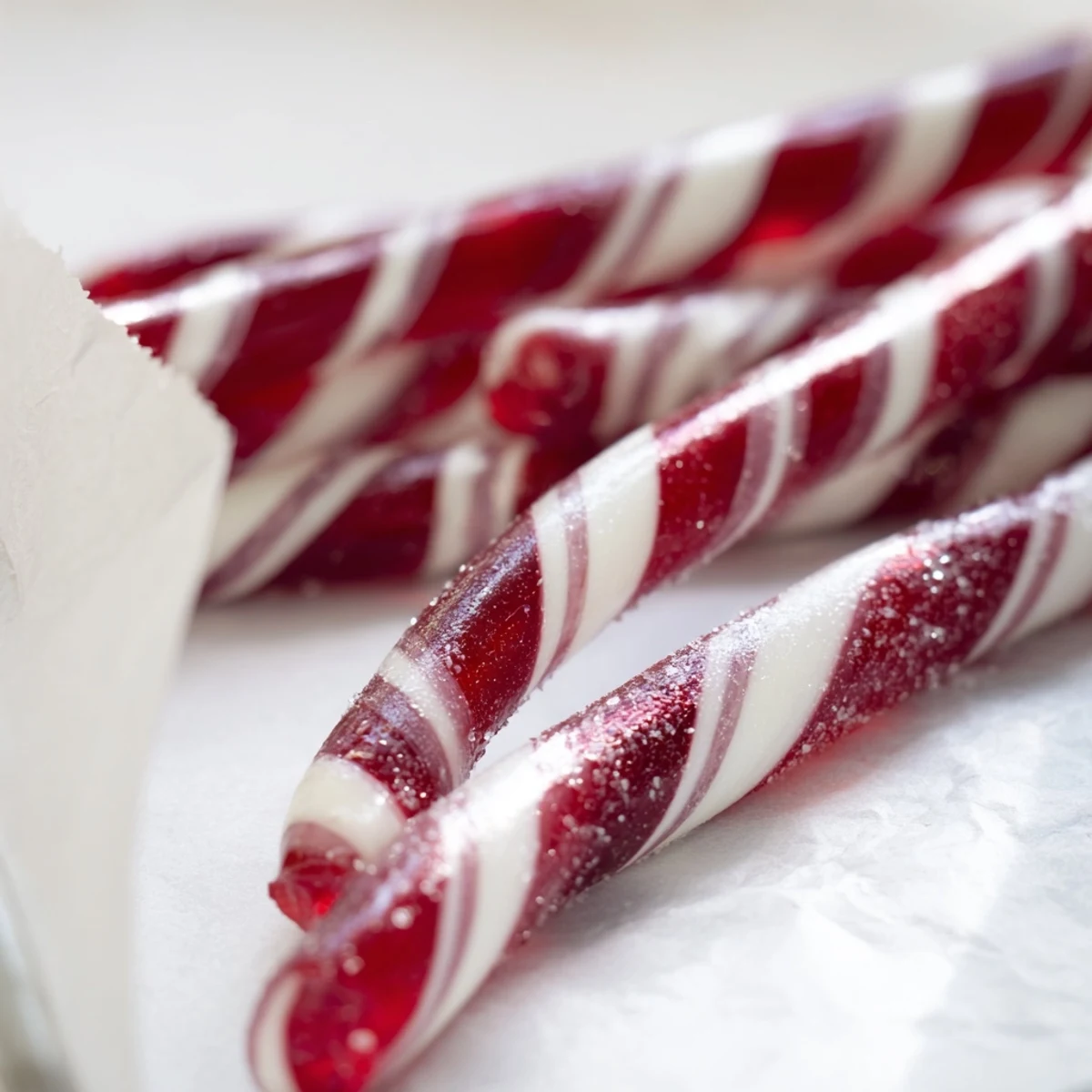 Close-up of freshly made candy sticks, showing their vibrant colors and perfect glaze.