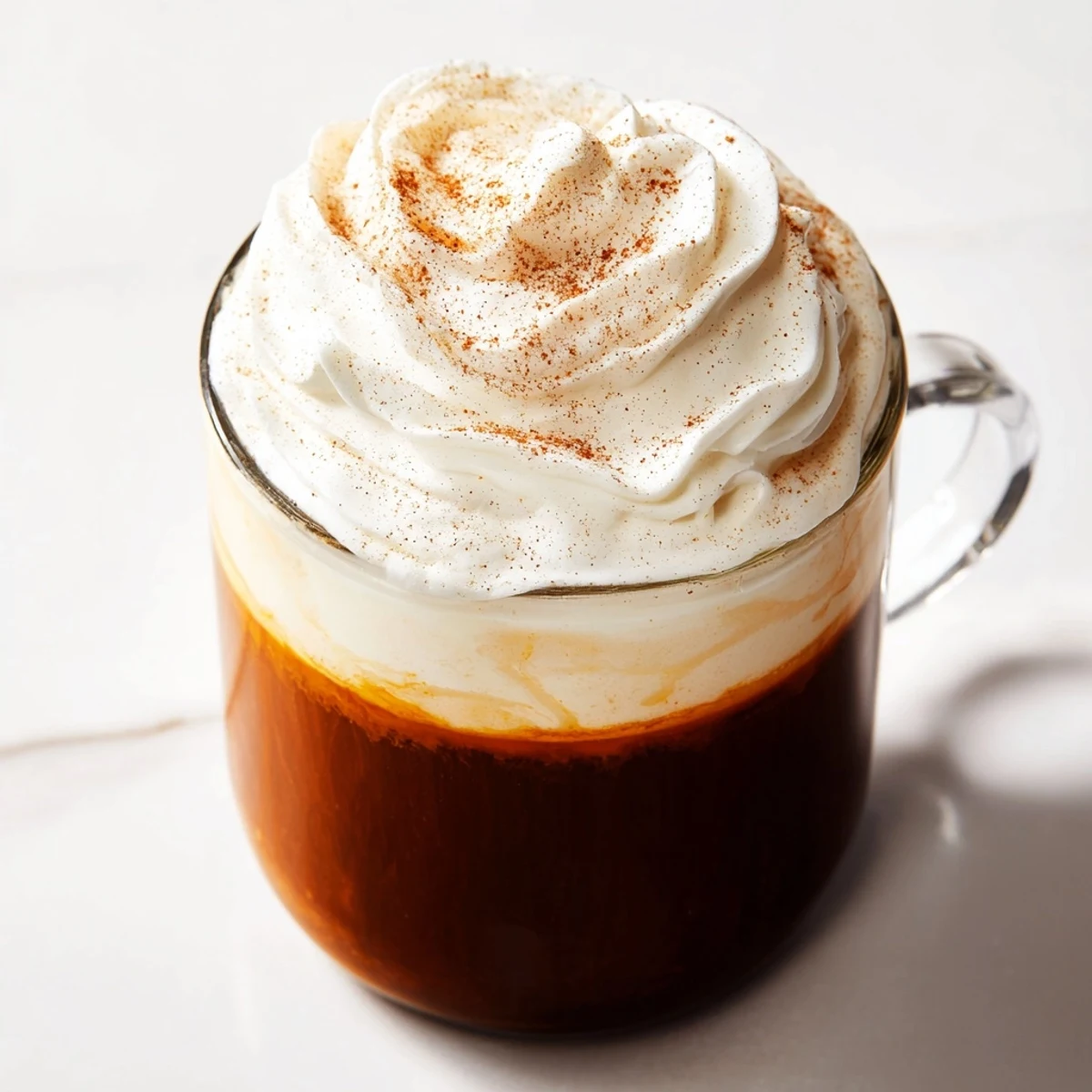 Steaming mug of Spiced Pumpkin Latte, topped with whipped cream and a dusting of cinnamon.
