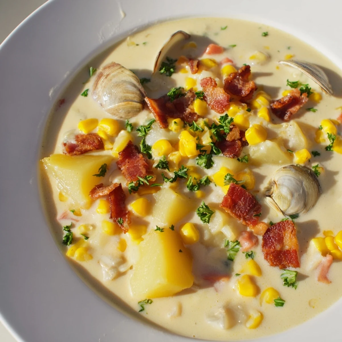 Here are three optimized ALT texts for the "Creamy Clam Chowder with Corn" recipe: