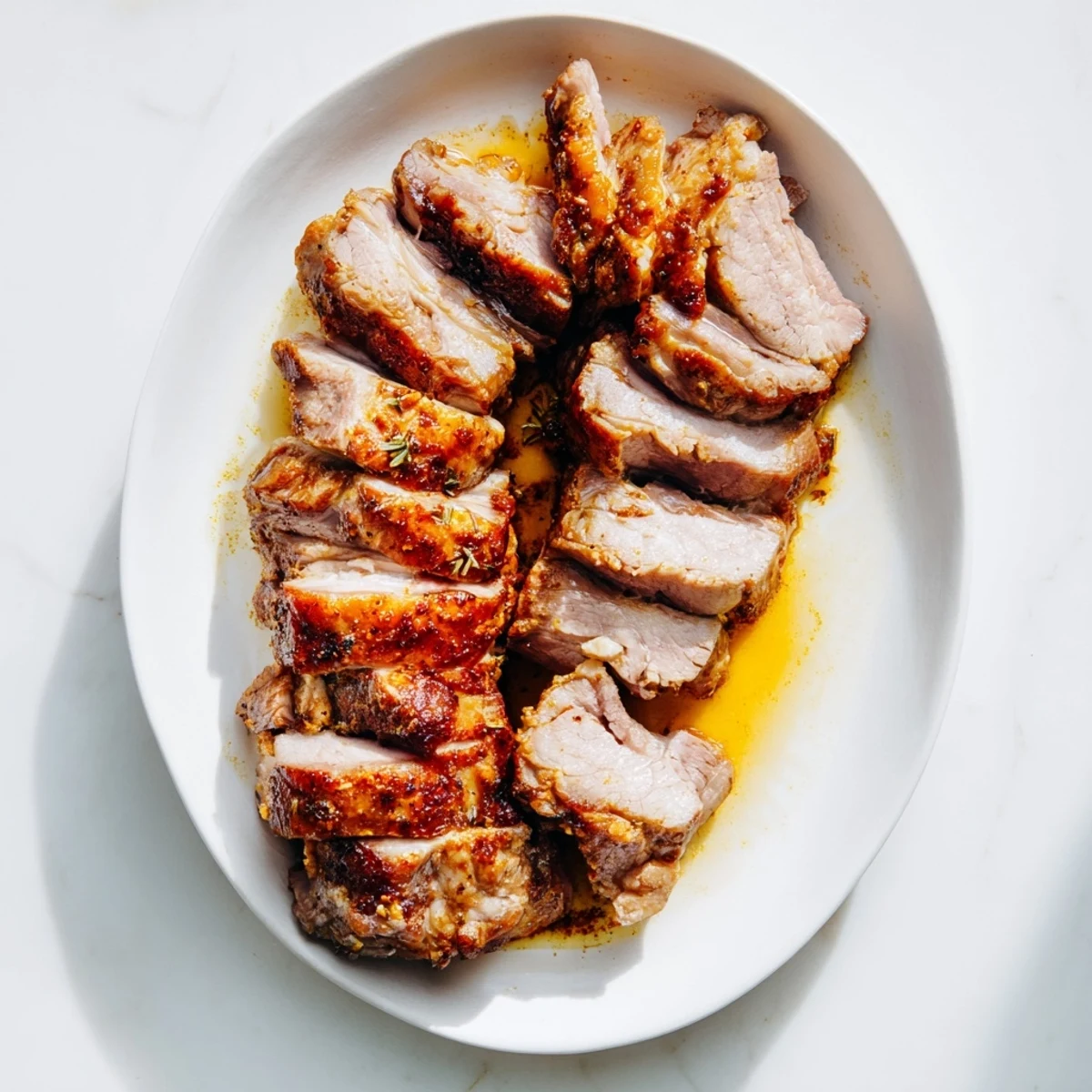 Close-up of juicy Slow Roasted Pork Shoulder, seasoned beautifully before slow cooking in the oven.