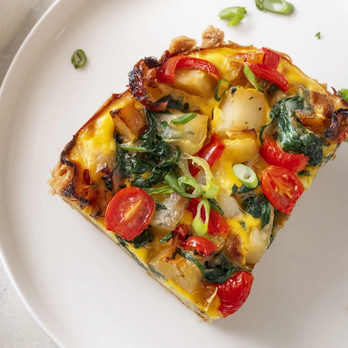 Savory Bacon-Free Egg Pie, baked golden, showing a slice with visible vegetables and creamy filling.