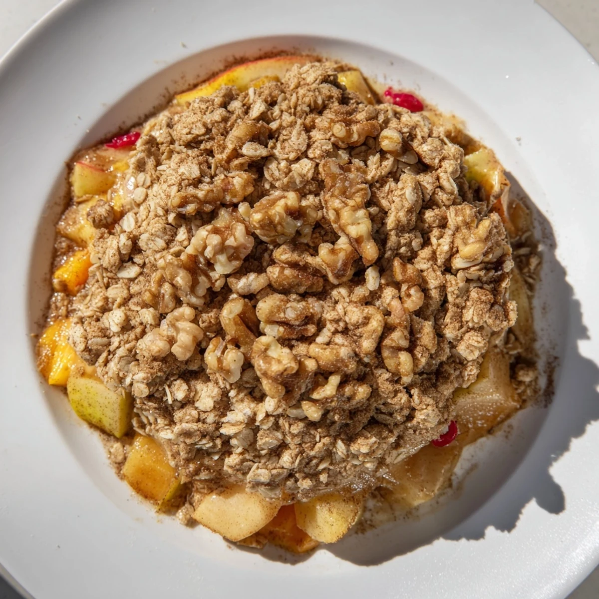 Golden, bubbly Winter Fruit Crumble, a warm dessert with spiced fruit and a crisp topping.