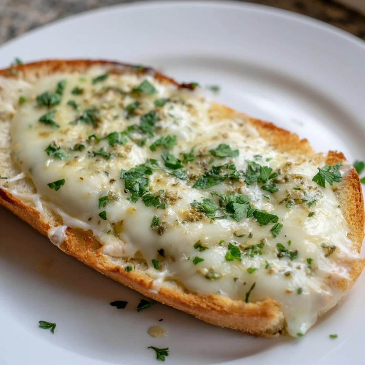 Warm, bubbly mozzarella melting on golden-brown slices of delicious garlic bread.