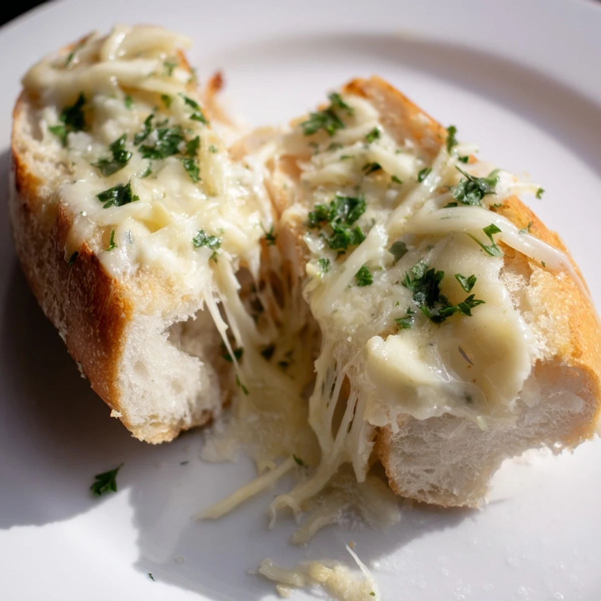 Freshly baked garlic bread, served warm, with a rich layer of mozzarella cheese.