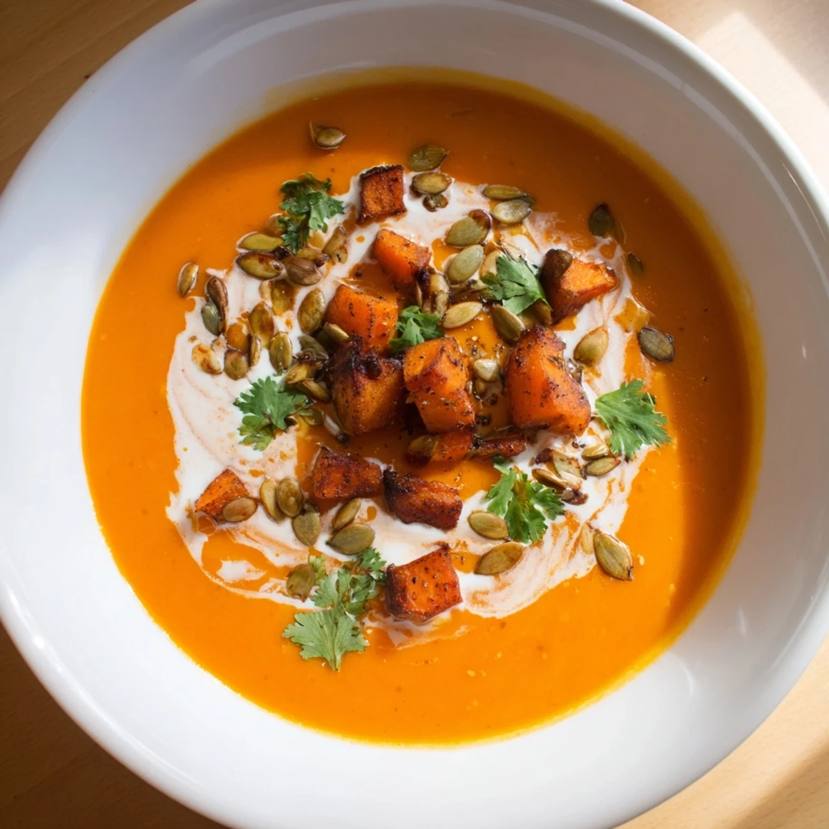 A close-up of the vibrant aroma and texture of delicious Roasted Sweet Potato Soup.