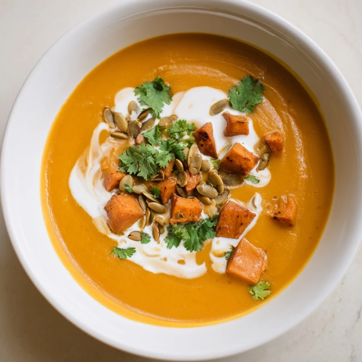 Warm, golden Roasted Sweet Potato Soup, garnished and ready for a comforting meal.