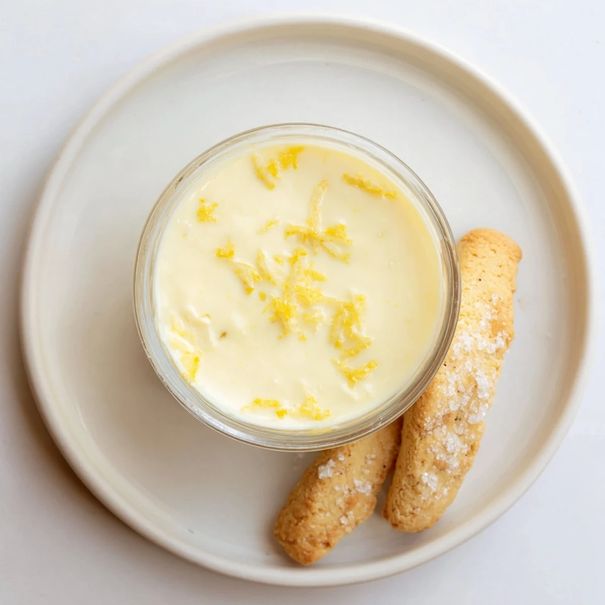 Creamy, tangy lemon posset dessert served alongside buttery, golden brown shortbread cookies.