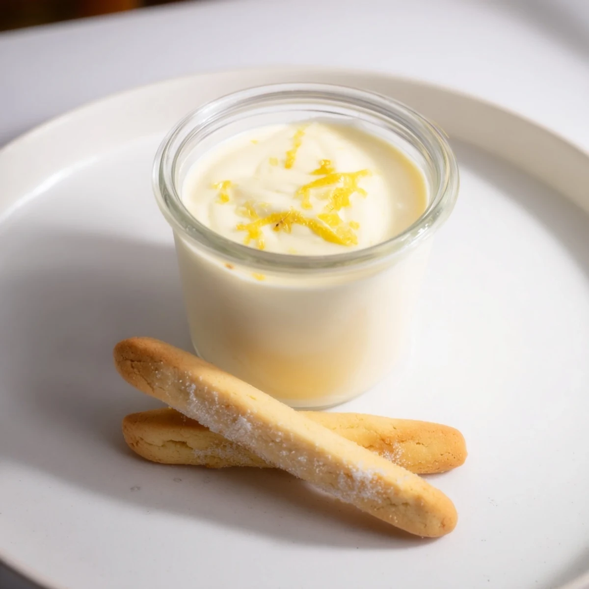 A close-up of a delightful lemon posset, topped with lemon zest, ready to be enjoyed.