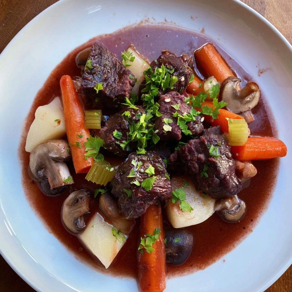 This photo depicts a steaming, delicious braised venison stew, ideal for a chilly evening.