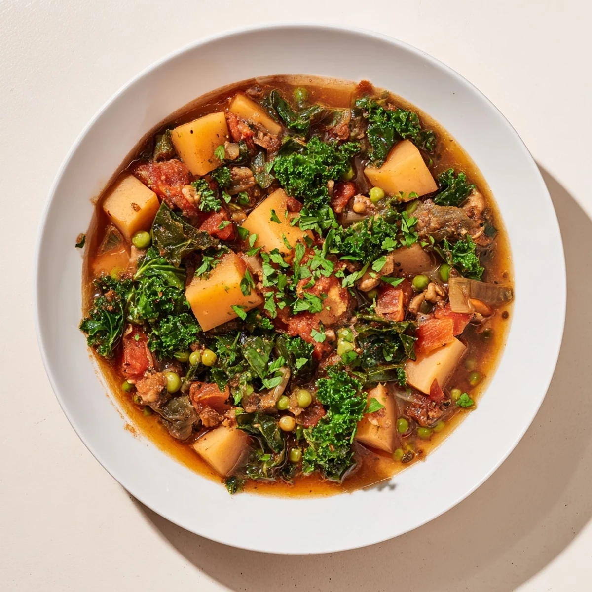 Close-up of a rustic Winter Vegetable Stew, showing tender vegetables and a rich, savory broth.