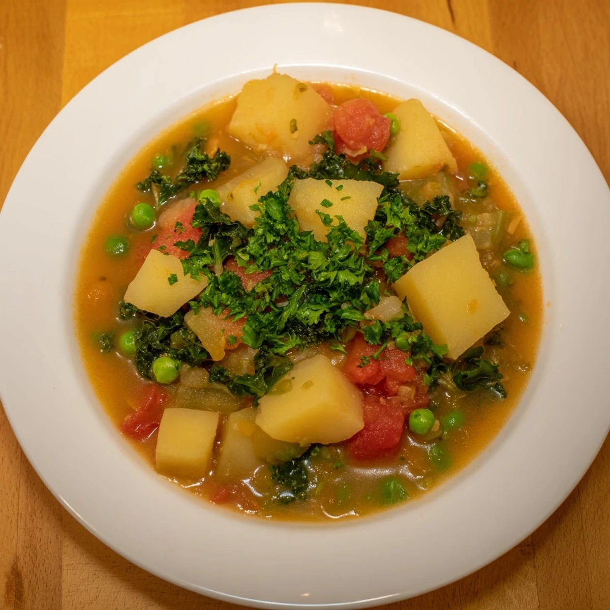 A steaming bowl of Winter Vegetable Stew, garnished with fresh parsley, looks delicious and comforting.