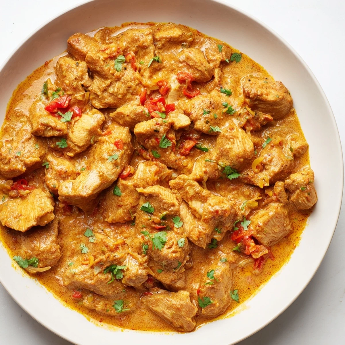 Creamy Chicken Curry simmering in a skillet, with a rich, aromatic sauce bubbling.