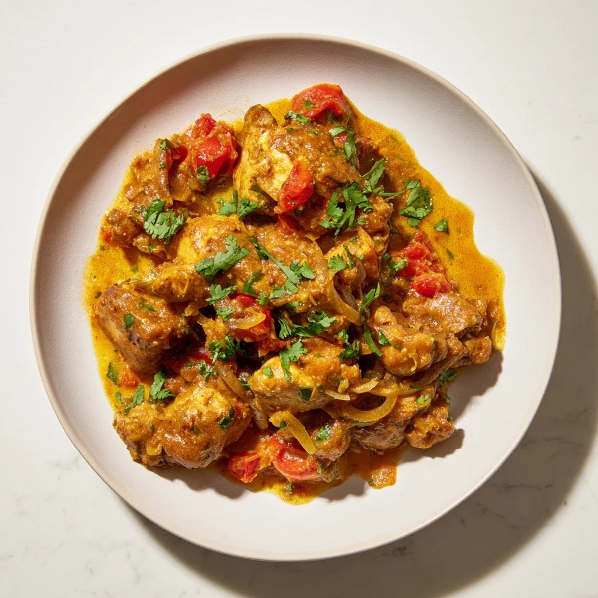 Tender chicken pieces in a luscious Creamy Chicken Curry, garnished with fresh cilantro.