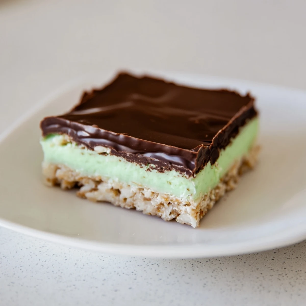 Creamy, minty Peppermint Slice dessert, layered with chocolate, perfect for a sweet bite.