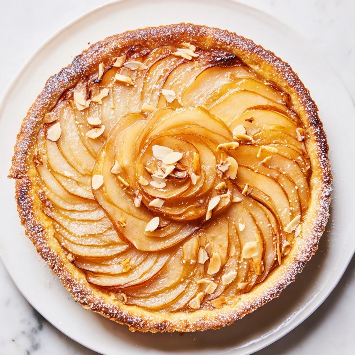 Golden-crusted Spiced Pear Tart, showcasing layered pear slices, ready to serve with optional whipped cream.