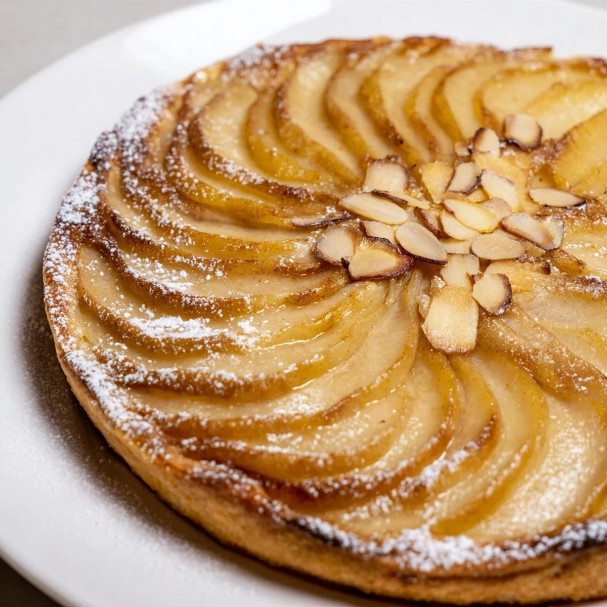 Warm, inviting image: Delicious Spiced Pear Tart with glistening fruit and caramelized edges for dessert.