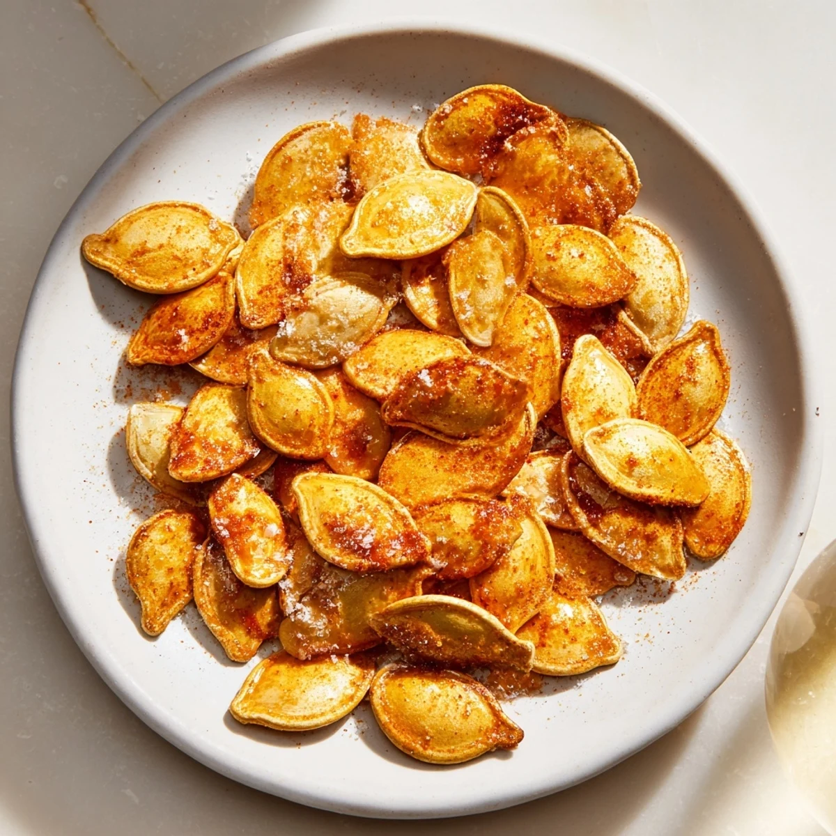 Golden-brown roasted pumpkin seeds, sprinkled with savory seasoning, ready to eat as a snack.