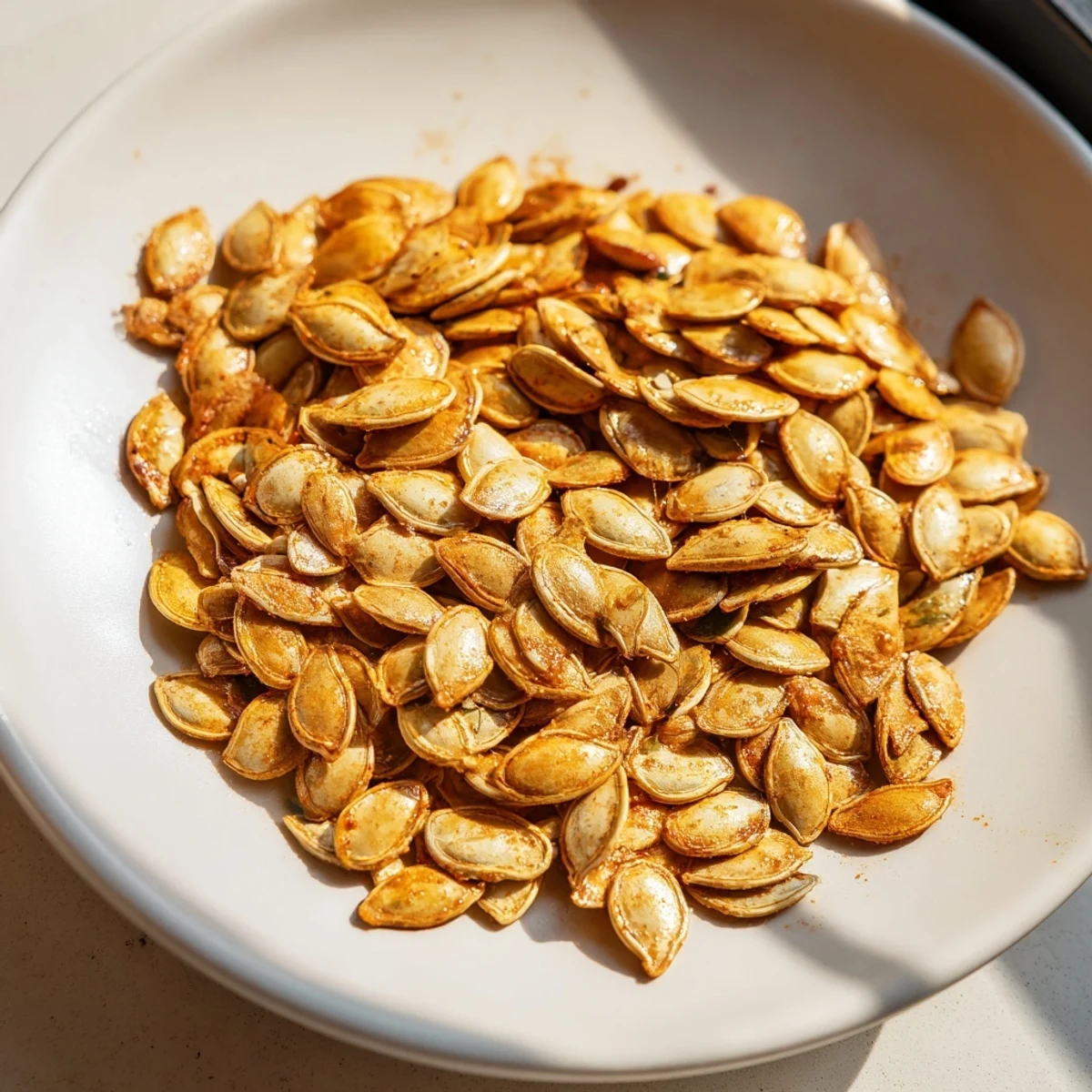 A close-up of crispy roasted pumpkin seeds, offering a delicious, crunchy bite for a healthy snack option.