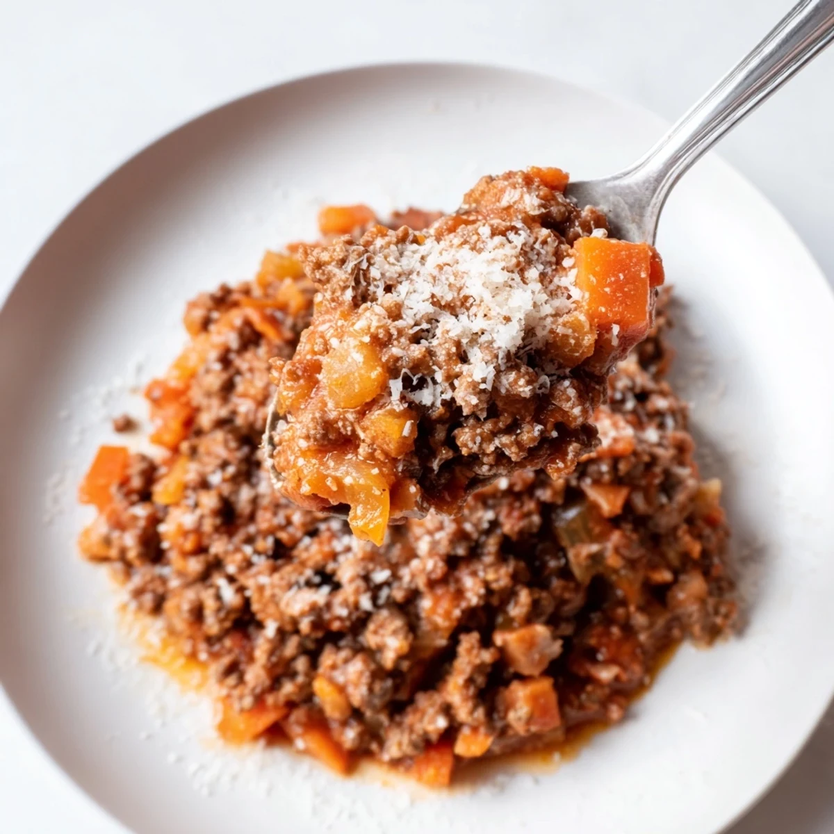 A close-up of savory Beef Bolognese, perfectly cooked, garnished with fresh Parmesan cheese.