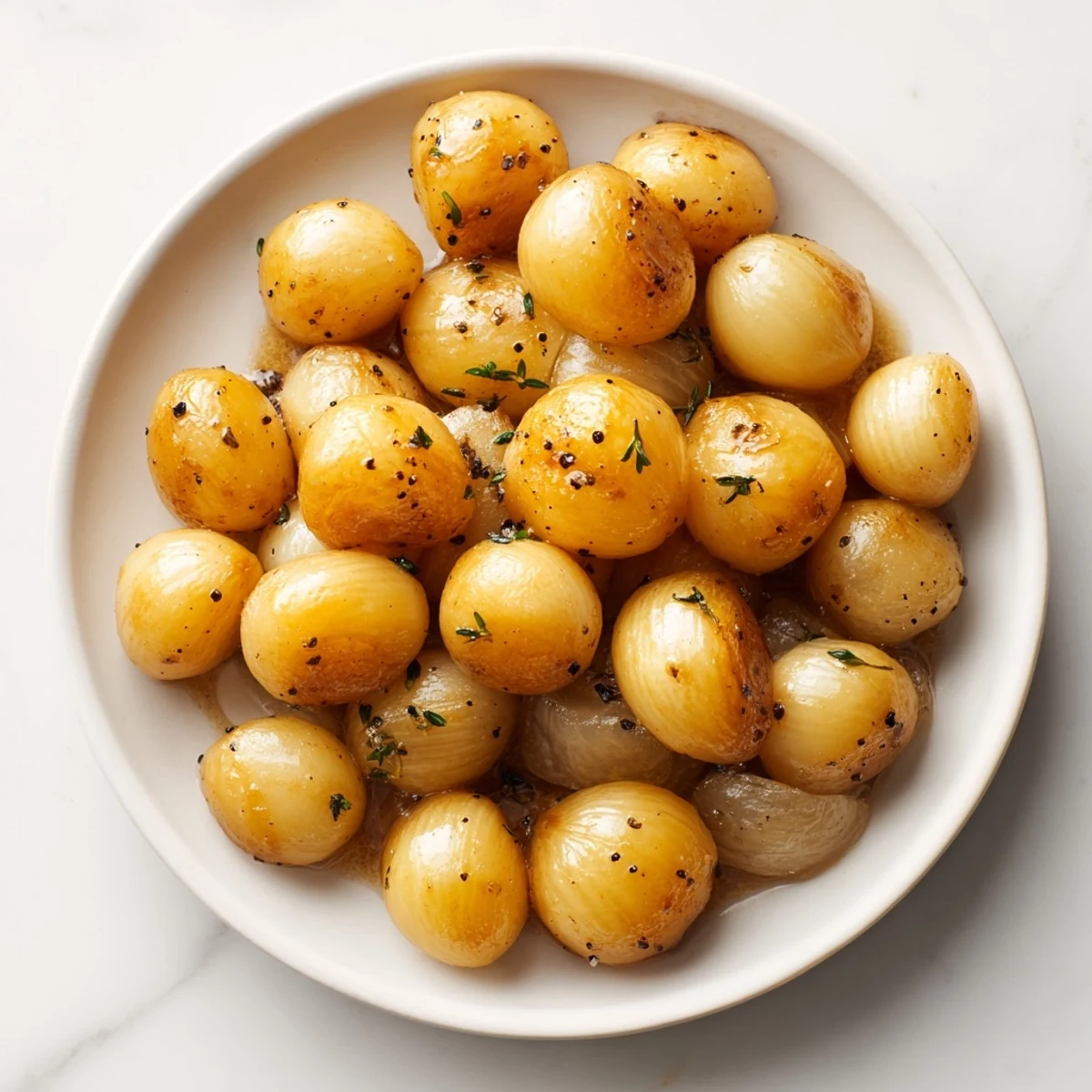 Warm braised onions, fragrant with thyme, served as a perfect, easy side dish.