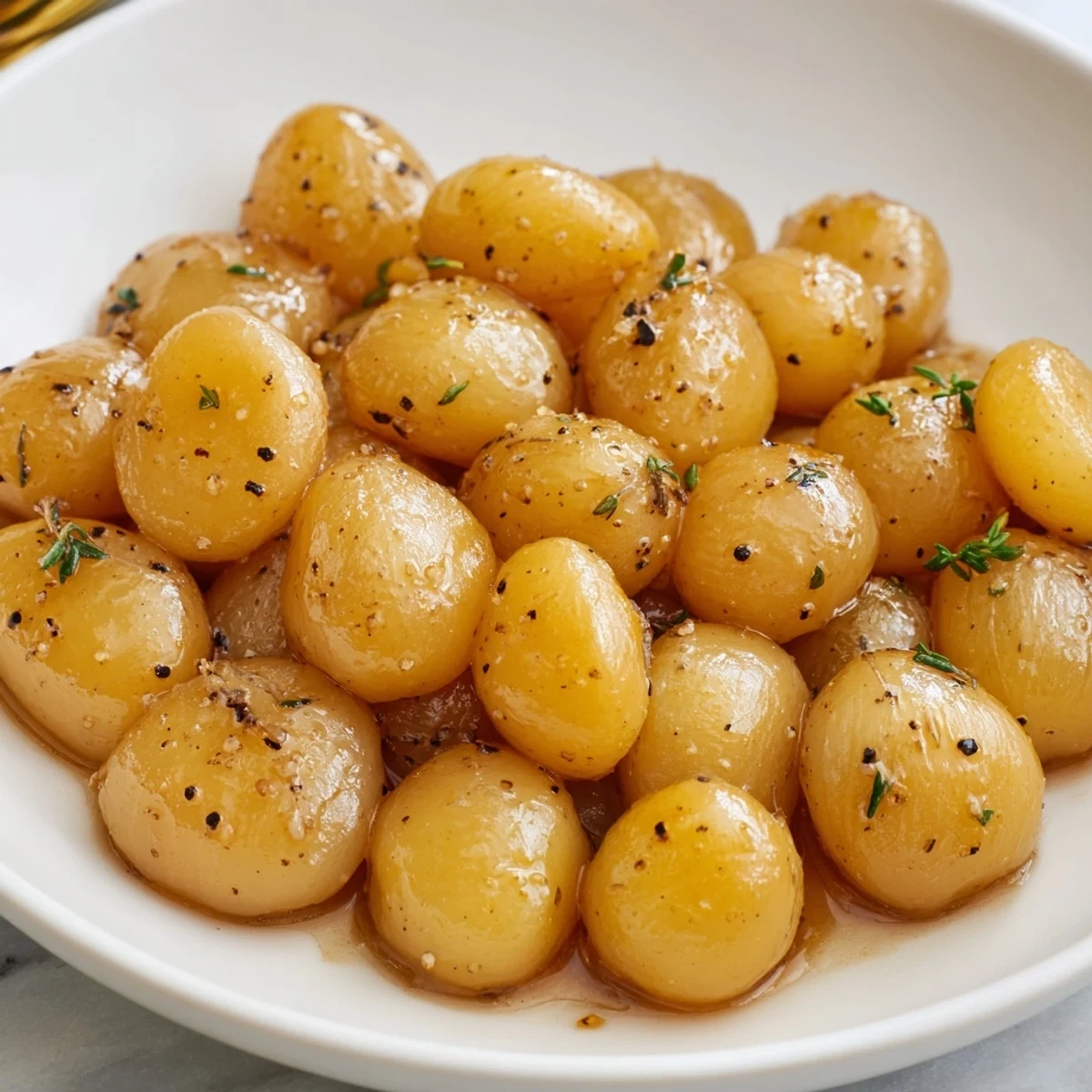 Braised onions glistening, caramelized to a rich golden brown in a flavorful broth.