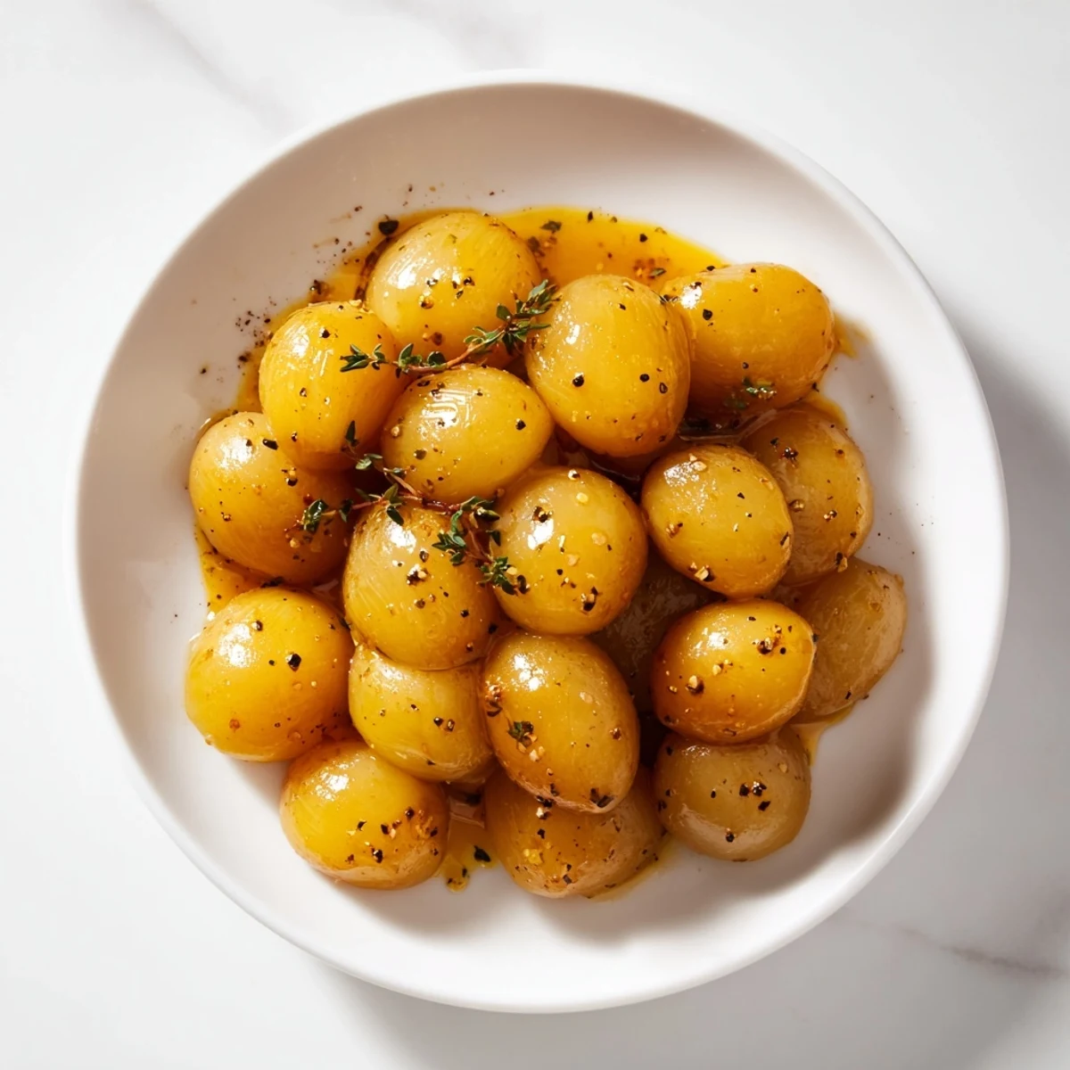 Showcasing tender, buttery braised onions, a vegetarian delight, ready for the table.