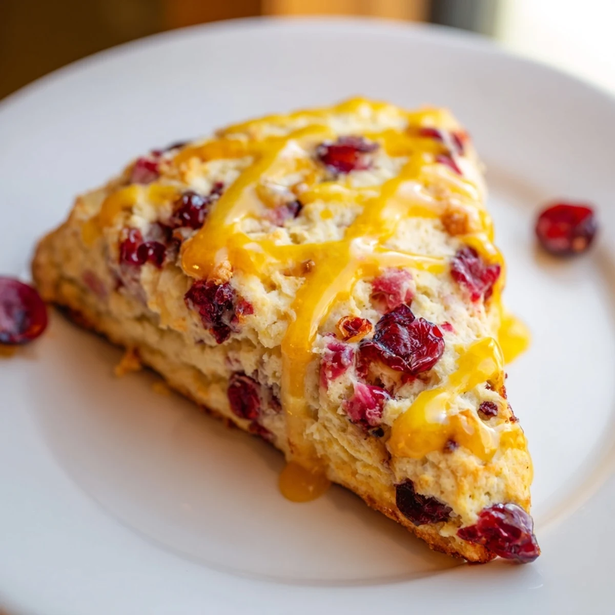 Golden, baked Cranberry Orange Scones with sweet orange glaze, ready to be enjoyed as a treat.