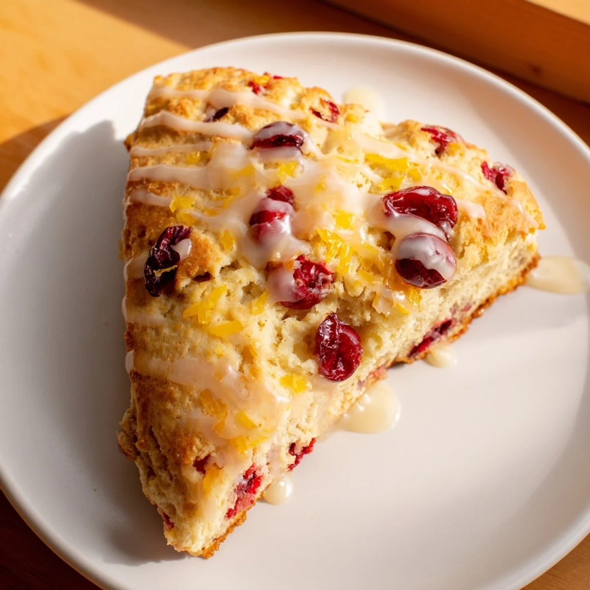 A plate of fresh Cranberry Orange Scones, light and flaky, sit drizzled with orange glaze.