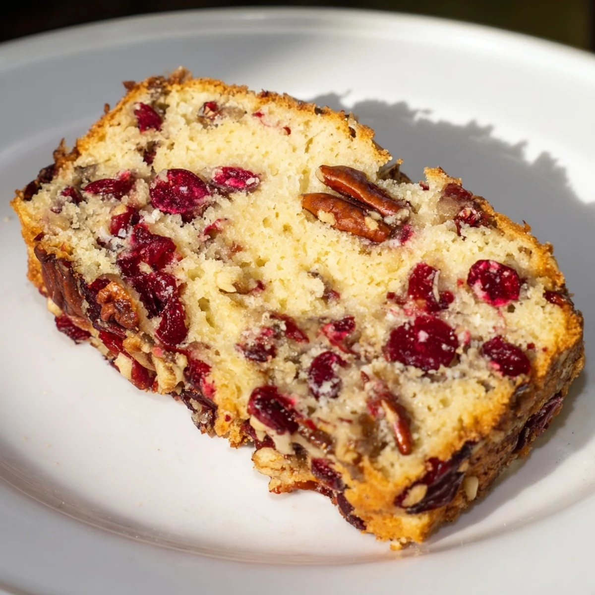Aromatic cranberry pecan bread loaf, golden brown, sliced and ready to serve for breakfast.