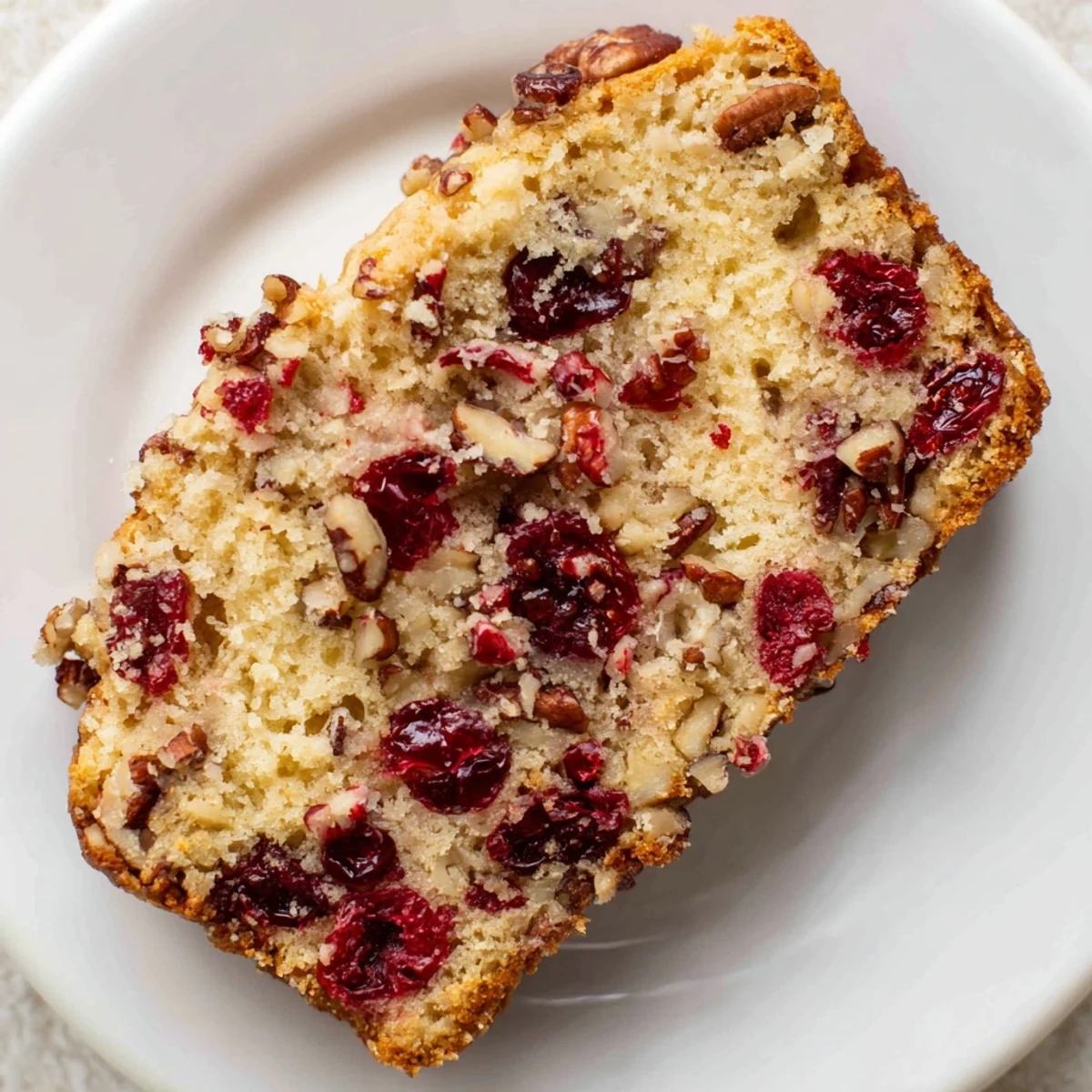 Freshly baked cranberry pecan bread, studded with cranberries and pecans, inviting you to enjoy.