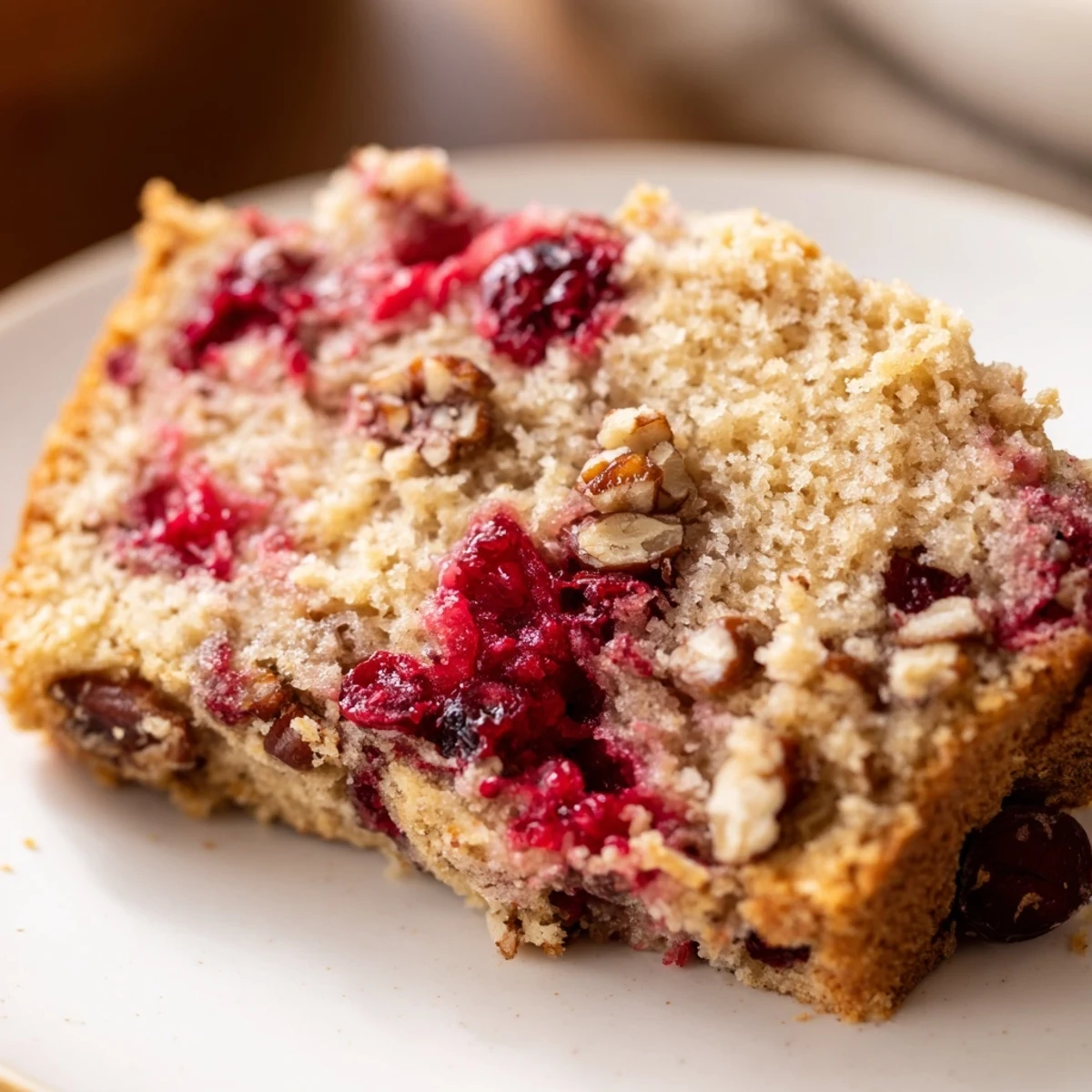 Warm cranberry pecan bread, with a rustic texture, perfect for a cozy afternoon snack, photographed up close.