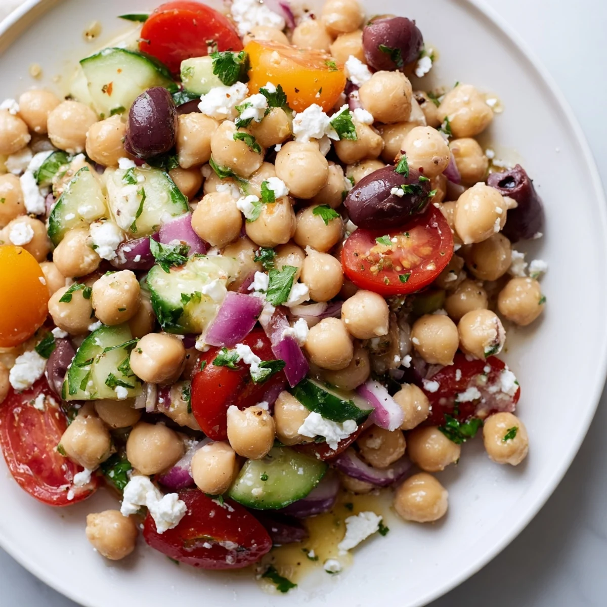 Vibrant Mediterranean Chickpea Salad with Feta, brimming with colorful vegetables and creamy feta.