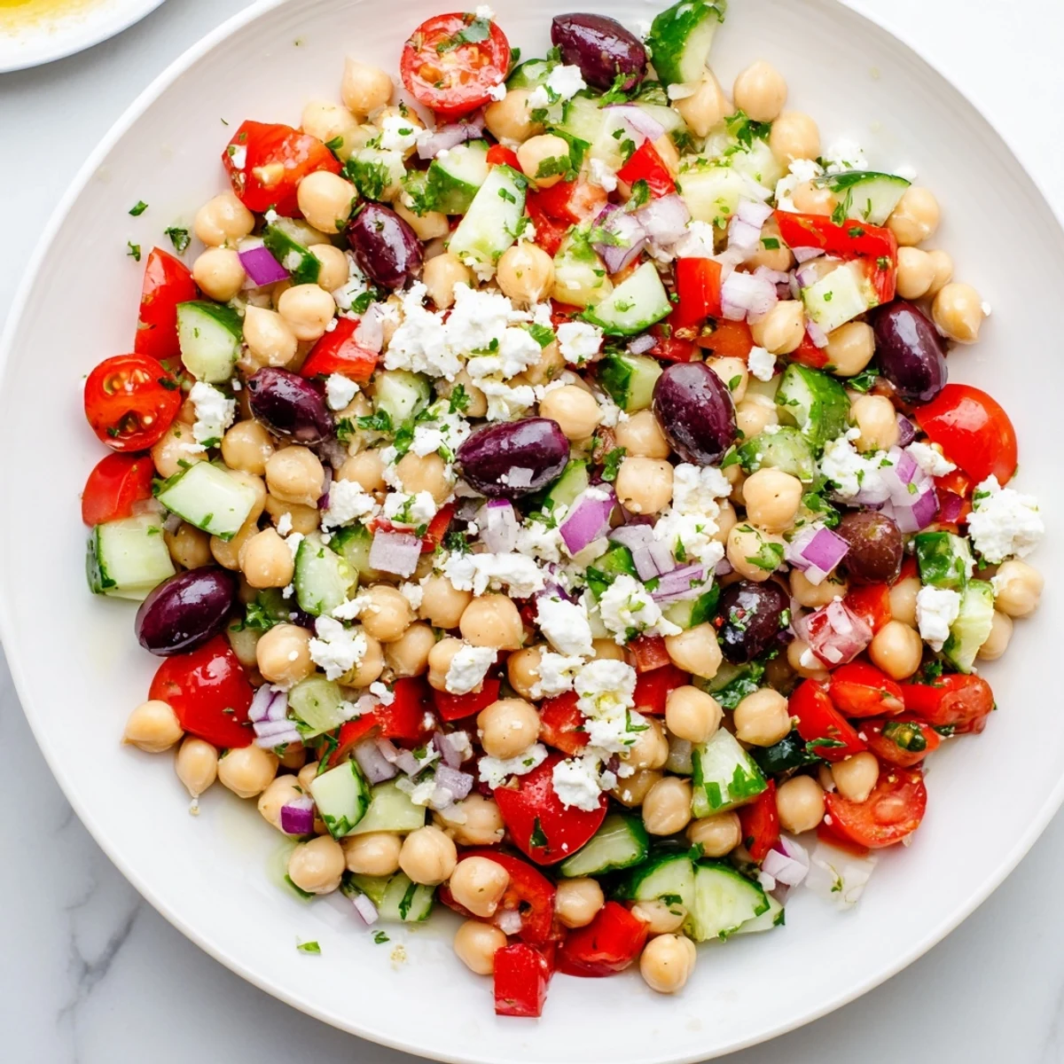 Fresh Mediterranean Chickpea Salad with Feta, ready to eat, featuring a zesty lemon dressing.