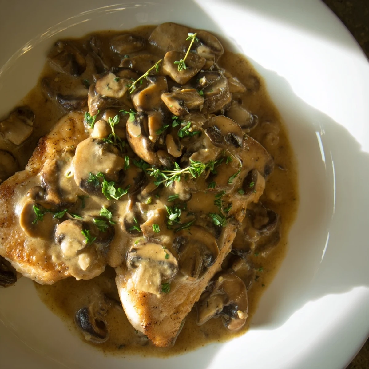 Tender chicken breasts in a rich, non-alcoholic Chicken Marsala sauce, ready to serve and enjoy.