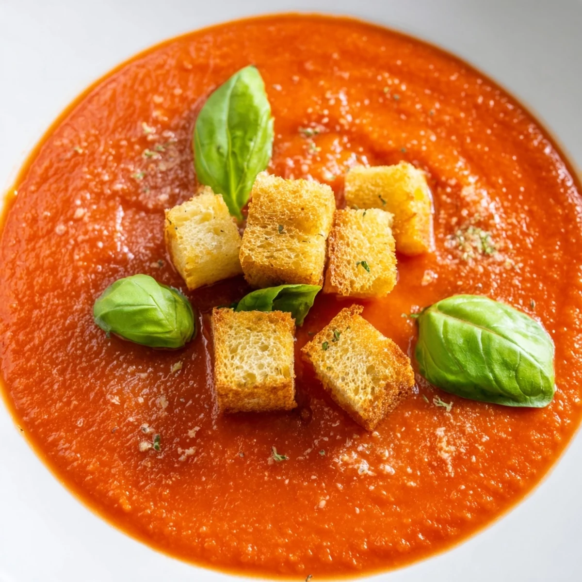 A steaming bowl of creamy tomato basil bisque topped with golden, crispy croutons.