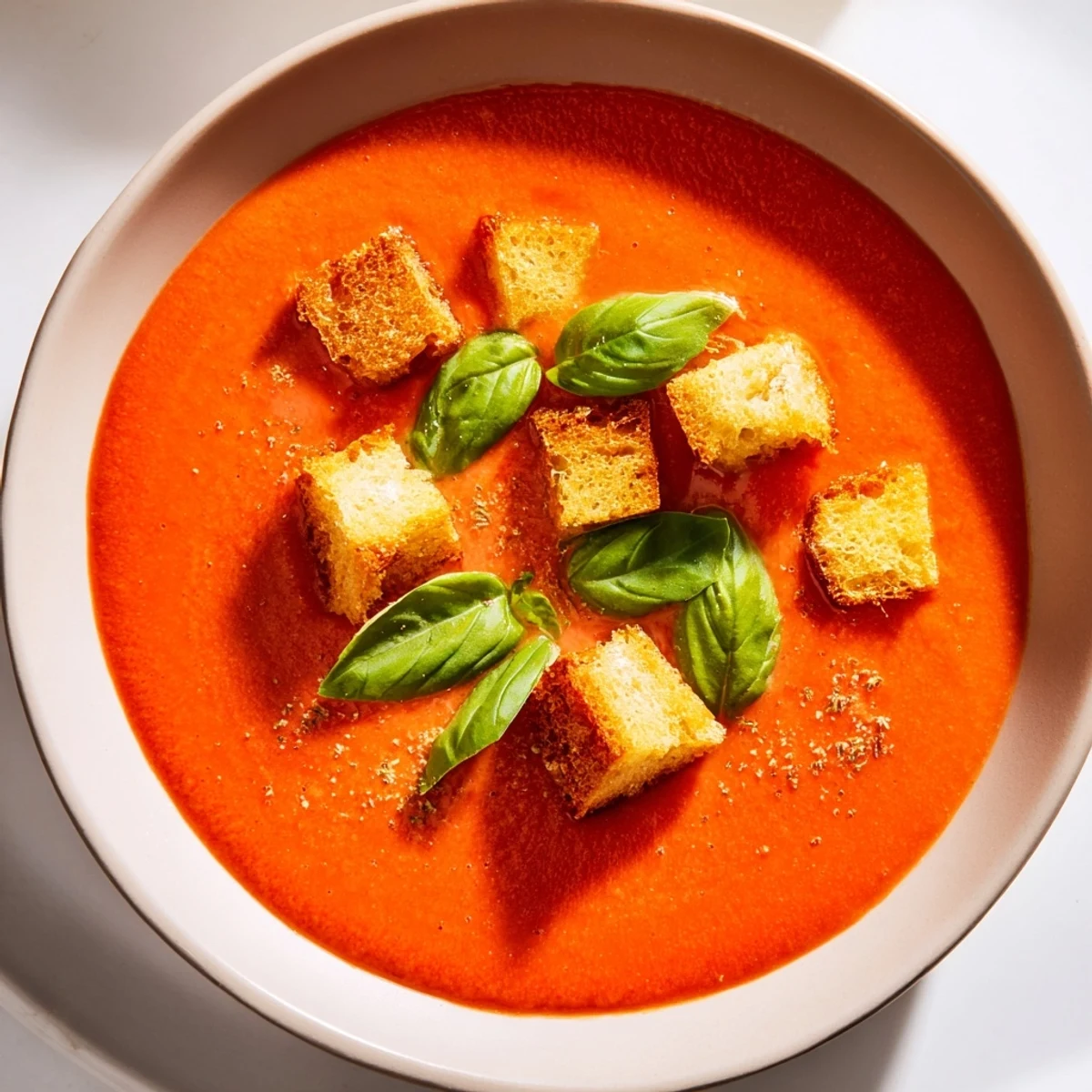 Enjoy a velvety smooth creamy tomato basil bisque with fresh basil and crouton garnish.