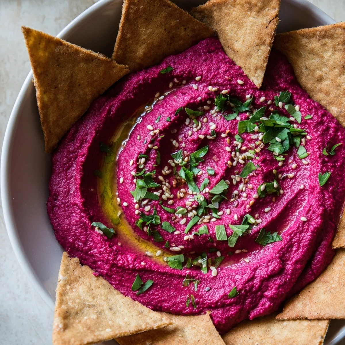 Creamy Roasted Beet Hummus, swirled, topped with parsley and sesame seeds, ready to eat with pita chips.