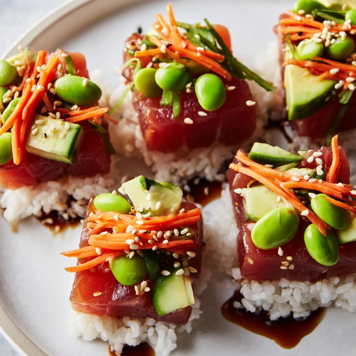Spicy Tuna Poke Bowl with Avocado, showcasing glistening tuna and creamy avocado atop fluffy rice.