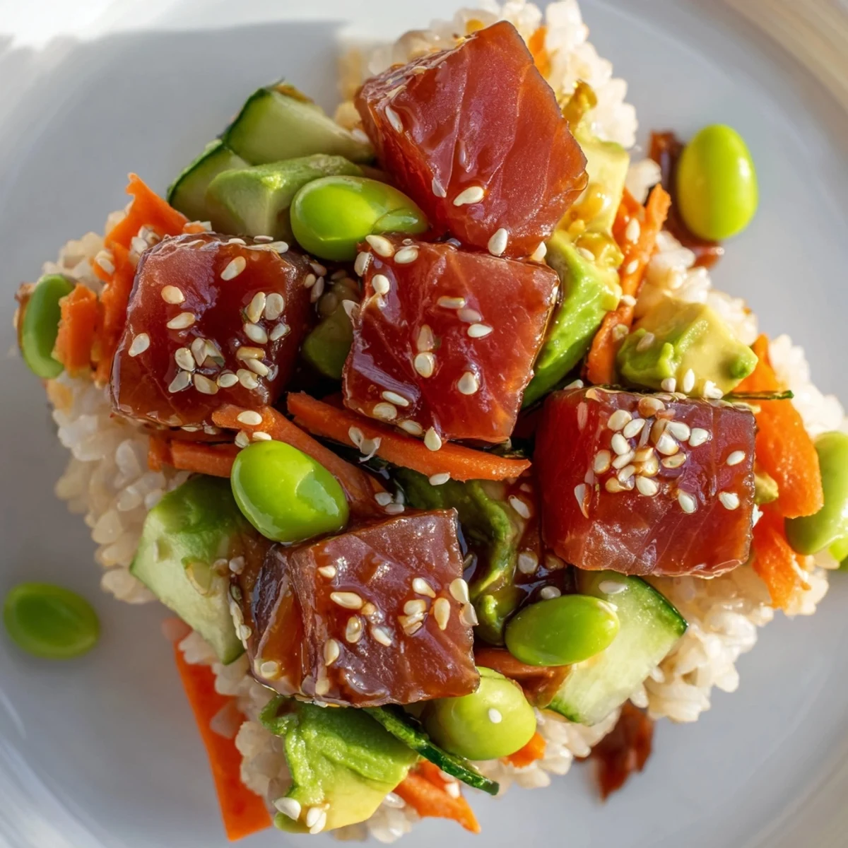 Enjoy a visual of a homemade Spicy Tuna Poke Bowl, ready for a flavorful lunch or dinner!